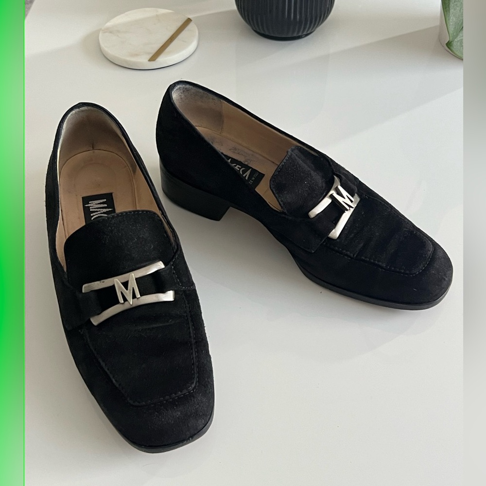 VINTAGE Macesa Black Leather Suede Loafers with Silver M Horesbit Womens 90s Y2K